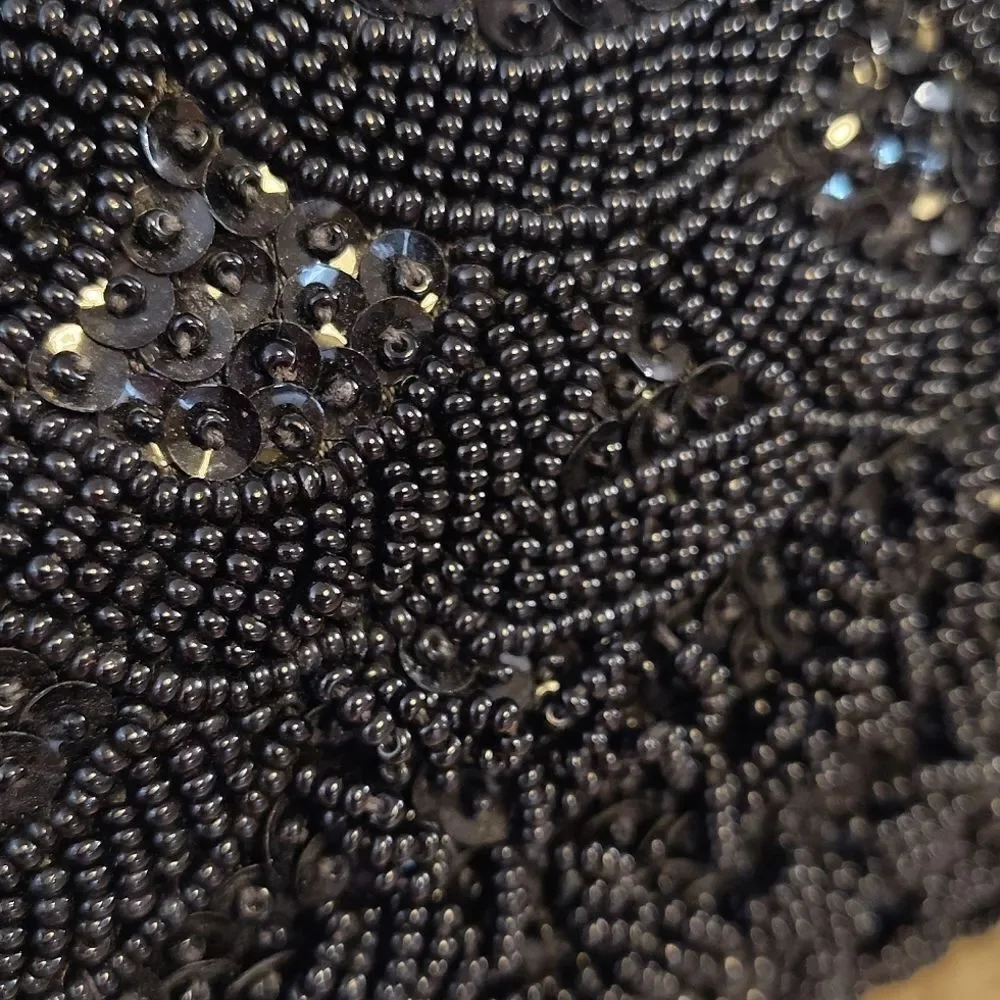 VTG 50s 60s Black Handmade Hong Kong‎ Beaded Sequins Kiss Lock Clutch